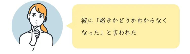 悩んでいる女性イラストと『彼に好きかどうかわからなくなったと言われた』という吹き出し